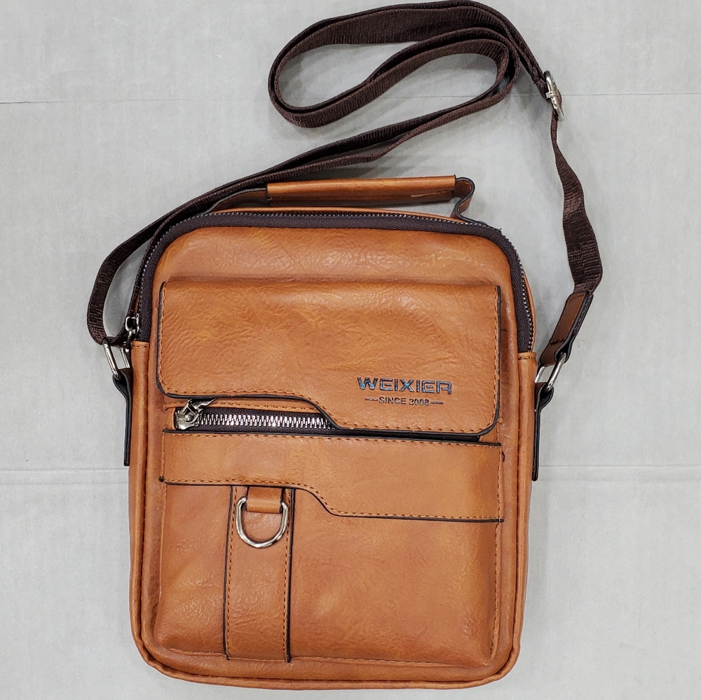 Weixier travel bag men's brown leather 9×10×2 inches adjustable strap NEW